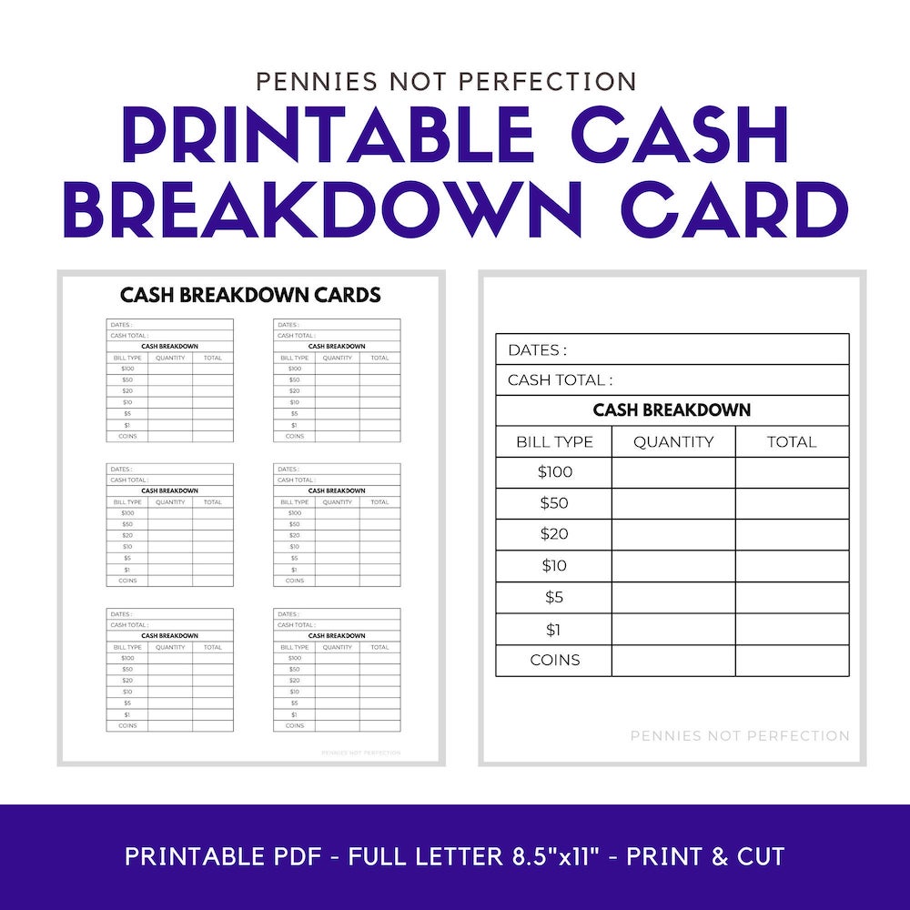 Cash Breakdown Card Printable Cash Envelope System Printable Pennies Not Perfection