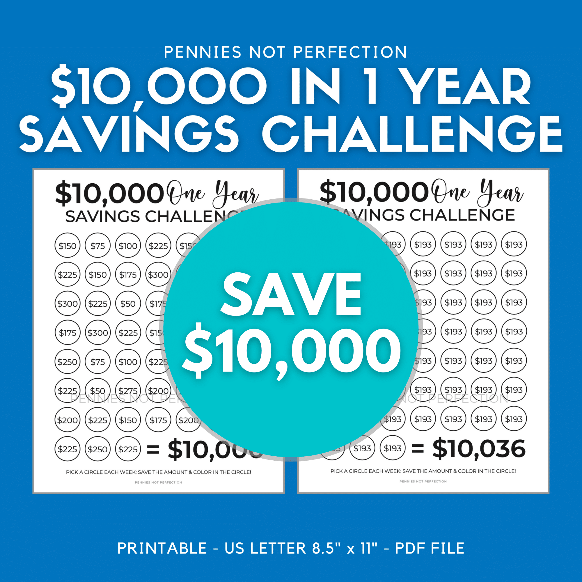 52 Week Money Challenge $10000, Save 10,000 Dollars In One Year Money Saving Challenge 10K 10,000 Dollar Savings Challenge Tracker Printable