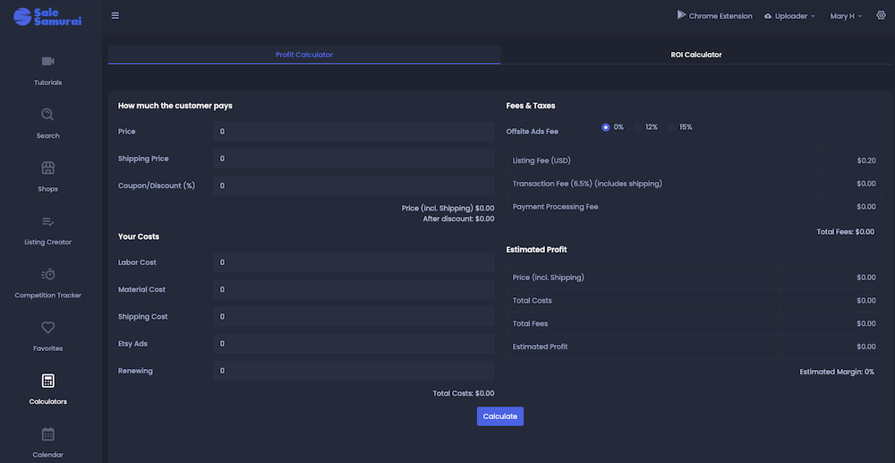 the Etsy fee calculator from Sale Samurai to help figure out costs of running an Etsy shop