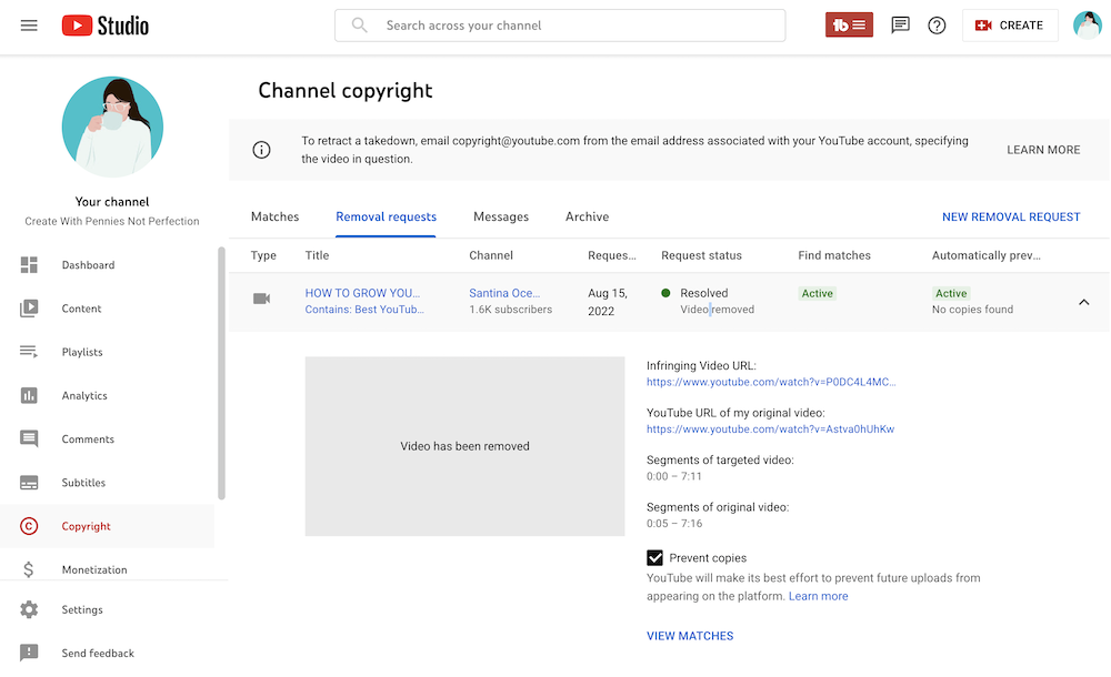 removal of video after copyright claim on YouTube 